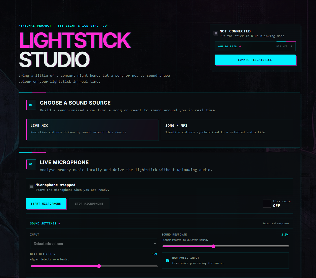 Lightstick Studio interface showing connection, source selection, and live-microphone controls